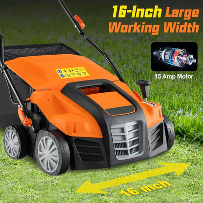 Dual-Function Electric Lawn Dethatcher & Scarifier  16″ Corded Unit with 14.5-Gal Catch Bag