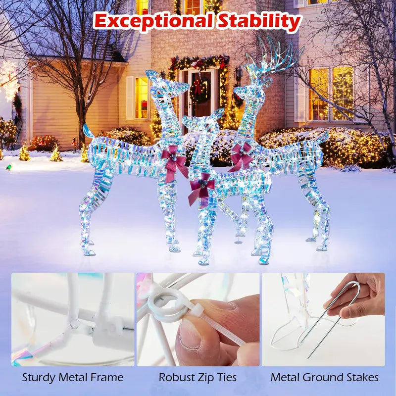 Three-Piece Lighted Reindeer Family — Large-Scale Outdoor Christmas Decor with Integrated LED Lighting and Bows