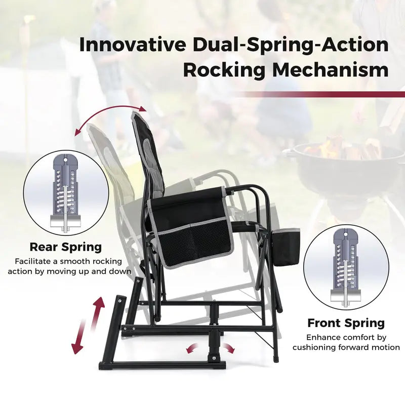 Adult Camping Rocker Chair  Dual-Spring Foldable Outdoor Seat with Padded Back Support
