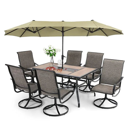 8-Piece Swivel Patio Dining Set  Includes Parasol, 6 Mesh-Covered Chairs, and Table