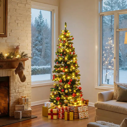 6-Foot or 7-Foot Spiral Pre-Lit Christmas Tree Featuring Pine Cones, Red Berries, and Realistic Tips