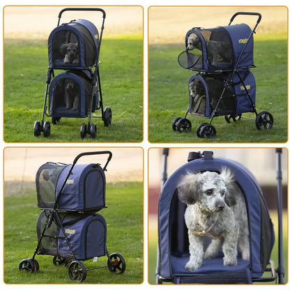 42-Inch Double Pet Stroller  Foldable, All-Terrain Dog & Cat Stroller with Suspension (Navy Blue)