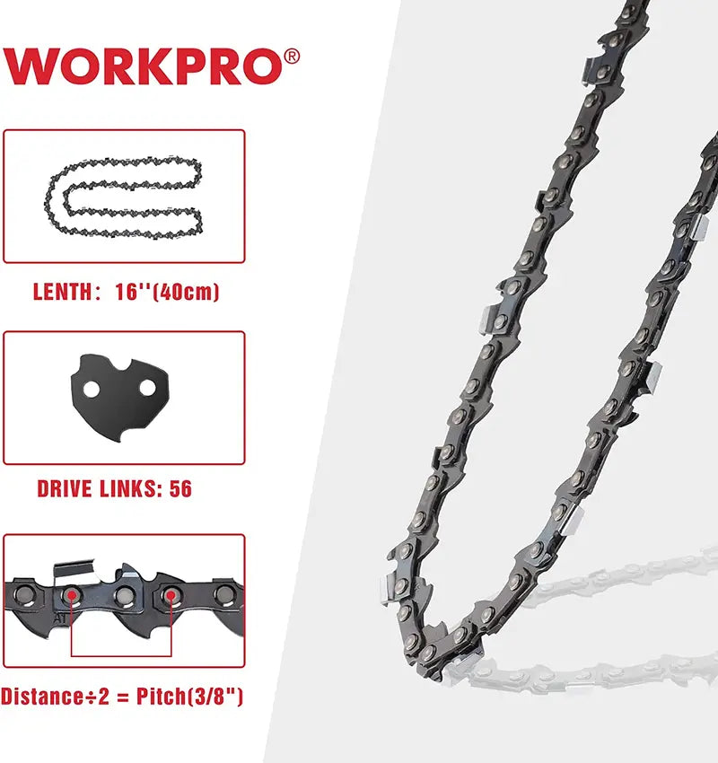 WORKPRO 16-Inch Chainsaw Chain  2-Pack, 3/8″ Pitch, 56 Drive Links Compatible with Standard Saw Models