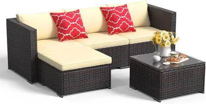 Aiho 5-Piece All-Weather PE Rattan Patio Sectional Set with Glass Table & Cushions