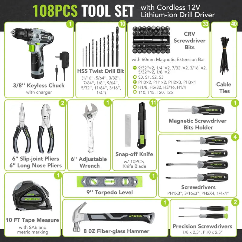 WORKPRO 108-Piece Portable Tool Set  Includes Cordless Power Drill & Pink Ribbon Accessories