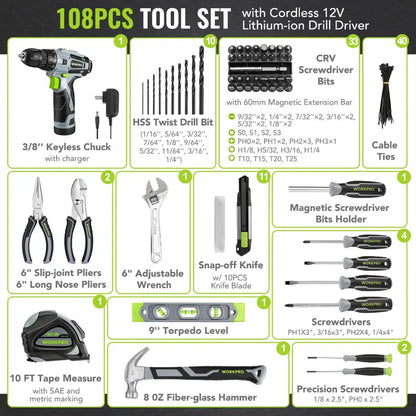 WORKPRO 108-Piece Portable Tool Set  Includes Cordless Power Drill & Pink Ribbon Accessories