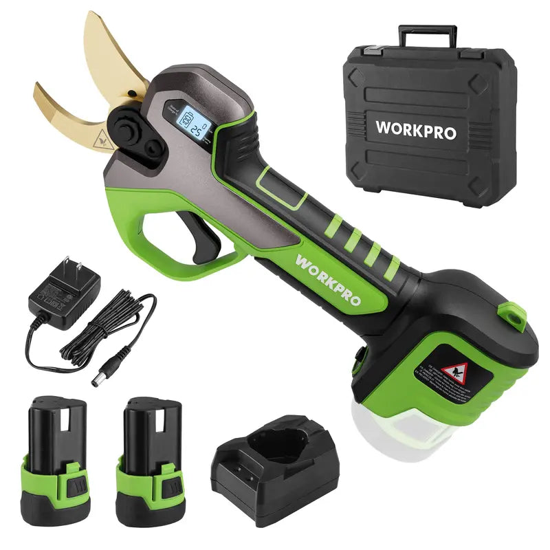 WORKPRO 12V Cordless Pruning Shears — 1.2″ Cutting Capacity with Dual Batteries and Fast Charger