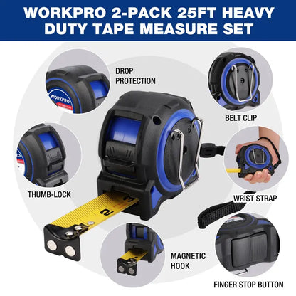 WORKPRO 25-Foot Heavy-Duty Retractable Tape Measure (2-Pack)  Precision 1/32″, Magnetic Tip