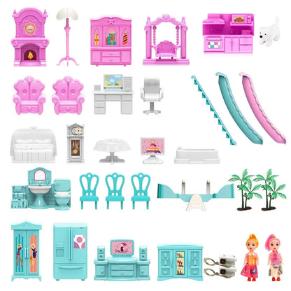 JoyStone 14-Room Kids Dollhouse with Colorful Lights, Includes 2 Dolls, Creative Blue Gift for Girls