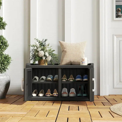 Kamaboko Waterproof Shoe Storage Cabinet  UV-Resistant Outdoor/Indoor Entryway Bench with Dual Barn Doors