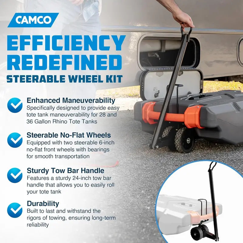 Camco Rhino Steerable Wheel Kit for 28/36-Gallon RV Tote Tanks  No-Flat Wheels & 24″ Tow Bar