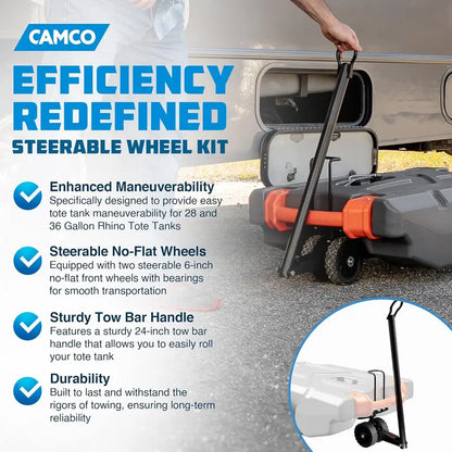 Camco Rhino Steerable Wheel Kit for 28/36-Gallon RV Tote Tanks  No-Flat Wheels & 24″ Tow Bar