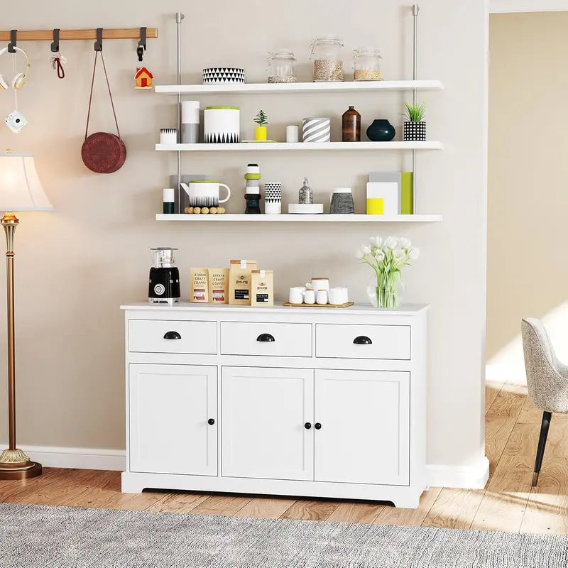 Contemporary Gray Kitchen Sideboard with Three Drawers, Two Cupboards, Three Doors, Adjustable Shelving, and Entryway Storage Functionality