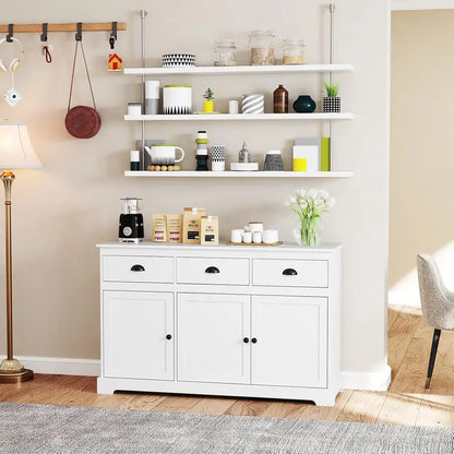 Contemporary Gray Kitchen Sideboard with Three Drawers, Two Cupboards, Three Doors, Adjustable Shelving, and Entryway Storage Functionality