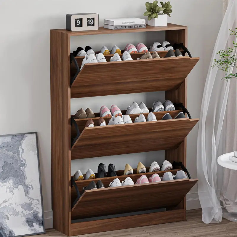 Discreet Freestanding Wood Shoe Cabinet with Three Concealed Flip Drawers