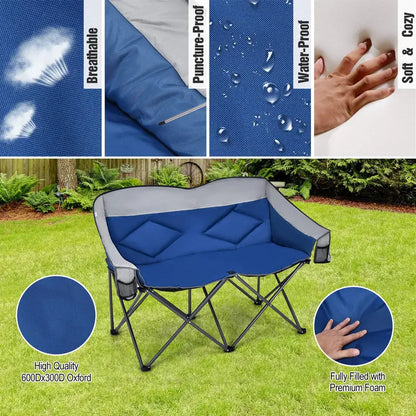 Couples Folding Loveseat Chair  Double-Seater Camping Chair with Padded High Back and Carry Storage Bags