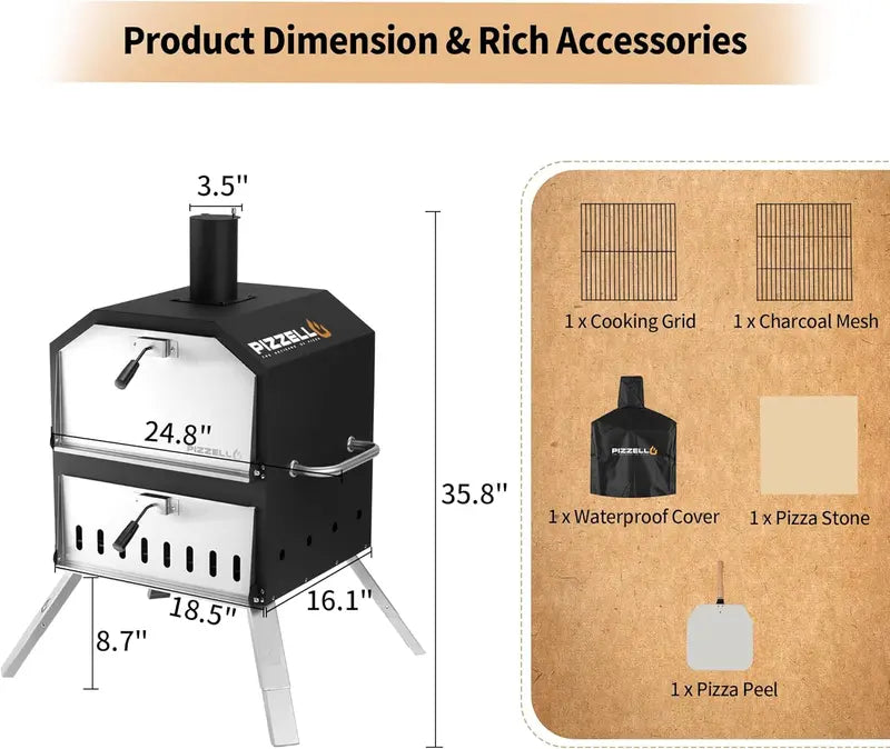 PIZZELLO Dual-Layer Wood-Fired Pizza Oven  Includes Stone, Peel & Grill Grate