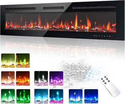 EUHOMY 50-Inch Recessed & Wall-Mounted Electric Fireplace  Adjustable Flame Color, Touchscreen, Timer & Remote, 750/1500W Linear Heater
