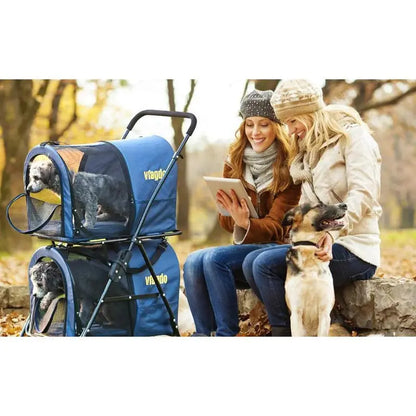 Navy Blue Double Pet Stroller  Foldable 4-Wheel Travel Carrier with Suspension for Two Dogs or Cats