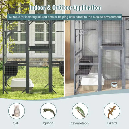 71-Inch Outdoor Catio for Cats  Walk-In Wooden Kitty Enclosure with 7 Tiered Platforms and Playpen Design