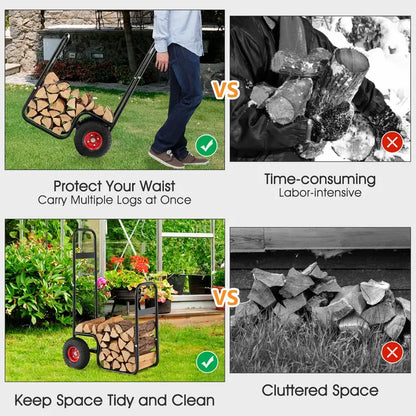 Log Cart for Firewood Transport  Indoor/Outdoor Storage Mover with Durable Rubber Wheels