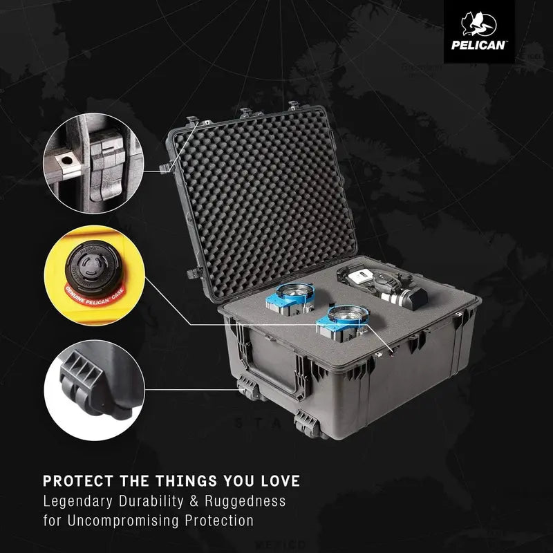 Pelican 1690 Case, Black, Hardside, Watertight, Crushproof, Dustproof, with Foam, 4 Wheels, 33.43″x28.40″x17.65″