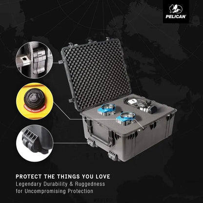 Pelican 1690 Case, Black, Hardside, Watertight, Crushproof, Dustproof, with Foam, 4 Wheels, 33.43″x28.40″x17.65″