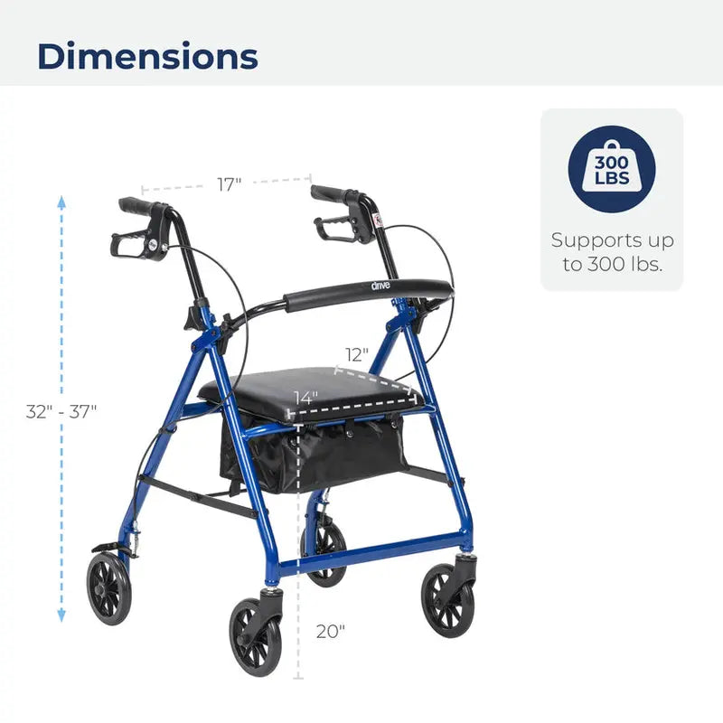 Drive Medical 4-Wheel Rollator Walker  Foldable Design with Padded Seat & Backrest, 6″ Wheels, Durable Blue Frame