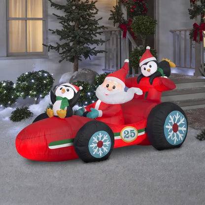4ft Inflatable Santa Racecar with Penguins, LED Lights, Outdoor Christmas Decor