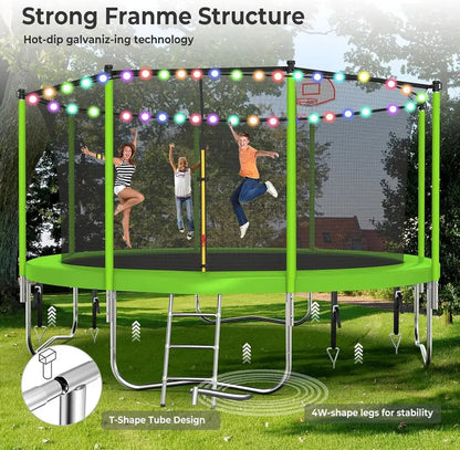 16-Foot Upgraded Trampoline with Enclosure Net and Adjustable Basketball Hoop