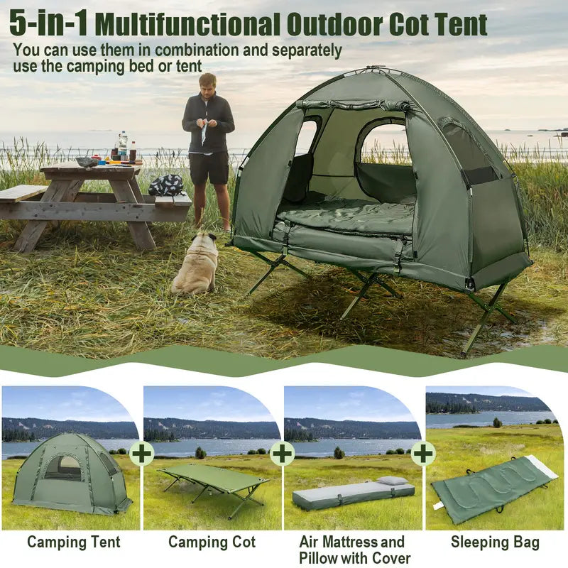 5-in-1 Camping Cot System  Includes Air Mattress, Pillow, Sleeping Bag & Carry Bag