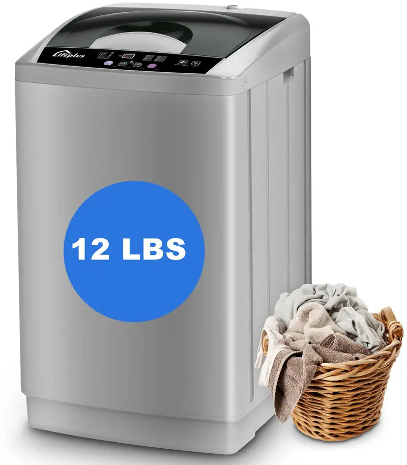LifePlus 1.8 Cu.ft Full Automatic Portable Washing Machine, 12 lbs Capacity Top Load Pump Drain Compact Size Laundry Washer for Apartment, Gray