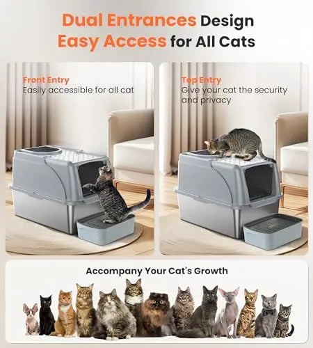 XXL Stainless Steel Cat Litter Box with Dual Entrance, Covered & High Walls, Includes Litter Scoop