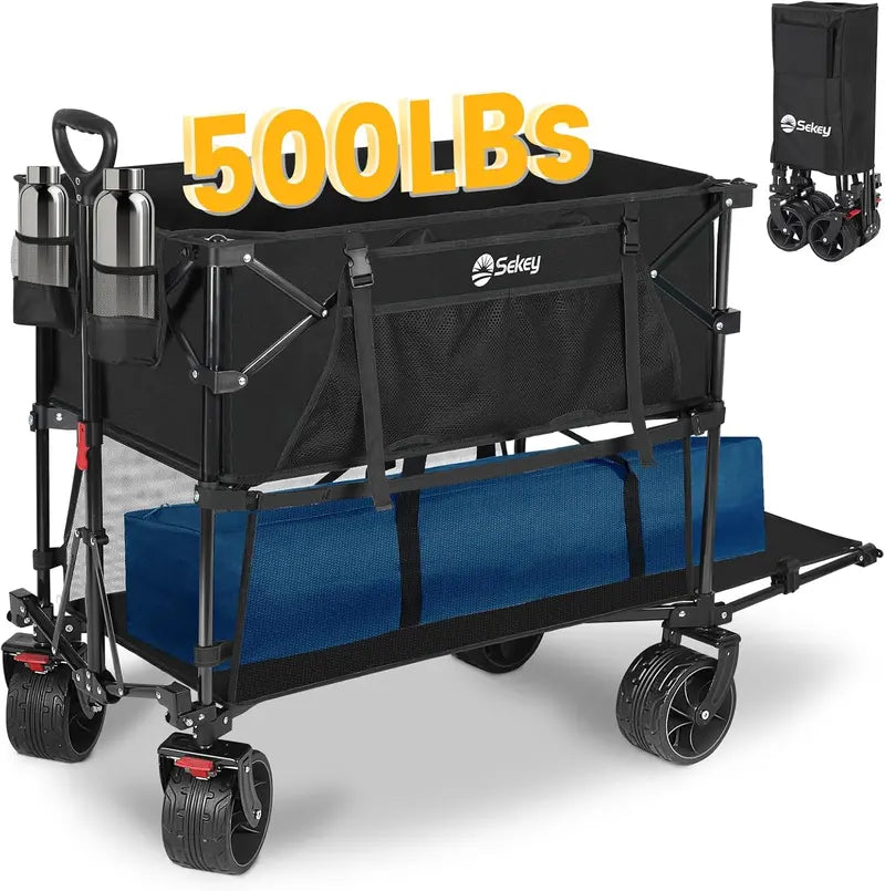 50″ Extended Double-Decker Wagon  Brake-Equipped 500 lb Folding Utility Cart with Extra-Long Frame