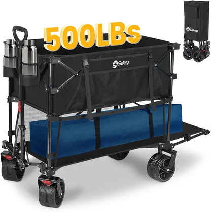 50″ Extended Double-Decker Wagon  Brake-Equipped 500 lb Folding Utility Cart with Extra-Long Frame