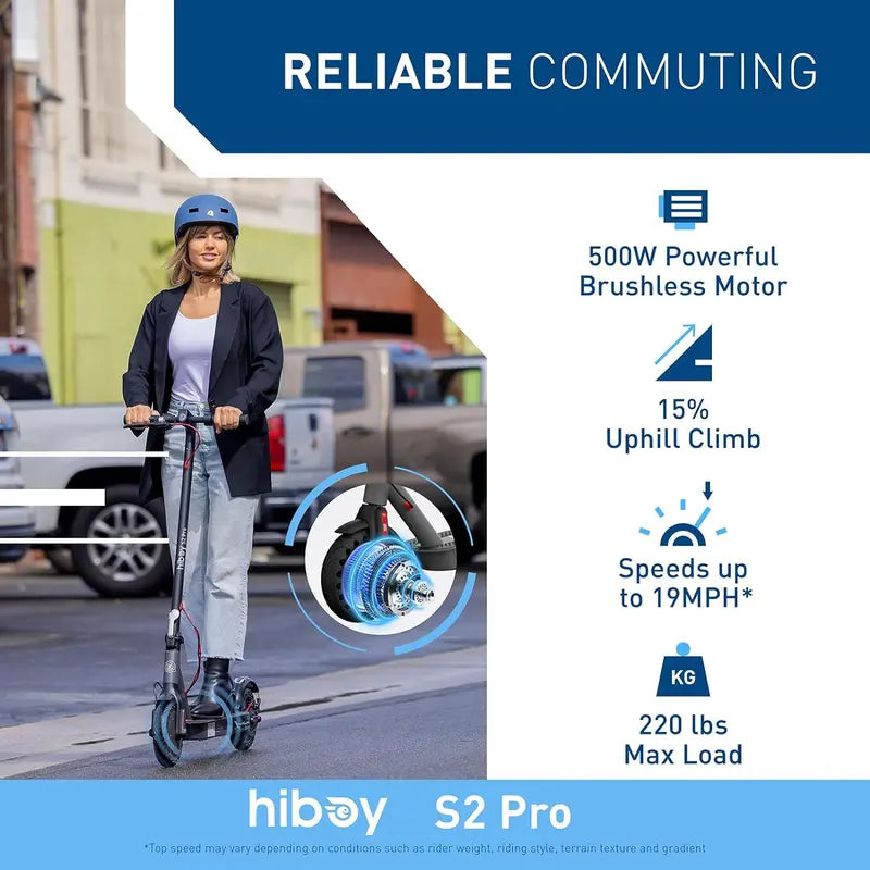 Hiboy S2 Pro Electric Scooter for Adults, 500W Motor, 10″ Solid Tires, 25 Miles Range, 19 MPH, Folding Design, Optional Seat