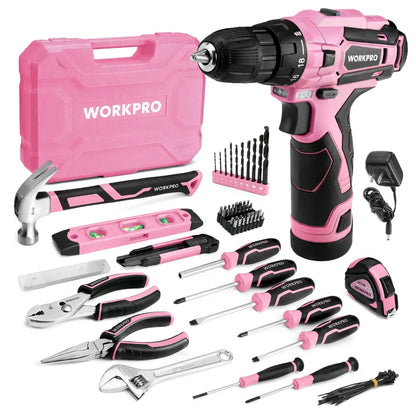 WORKPRO 108-Piece Portable Tool Set  Includes Cordless Power Drill & Pink Ribbon Accessories