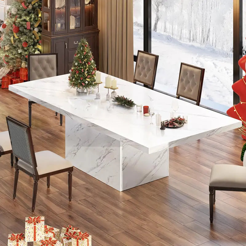 71-Inch White Faux Marble Dining Table  Modern Rectangle Table for 68, Farmhouse-Industrial Style with Sturdy Base