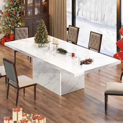 71-Inch White Faux Marble Dining Table  Modern Rectangle Table for 68, Farmhouse-Industrial Style with Sturdy Base