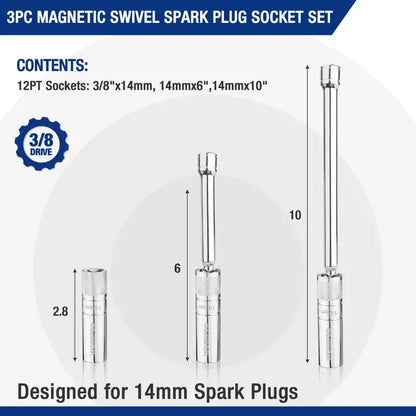 WORKPRO Magnetic Swivel Spark Plug Socket Set  3-Pc Thin-Wall 14mm + 6″ & 10″ Extensions