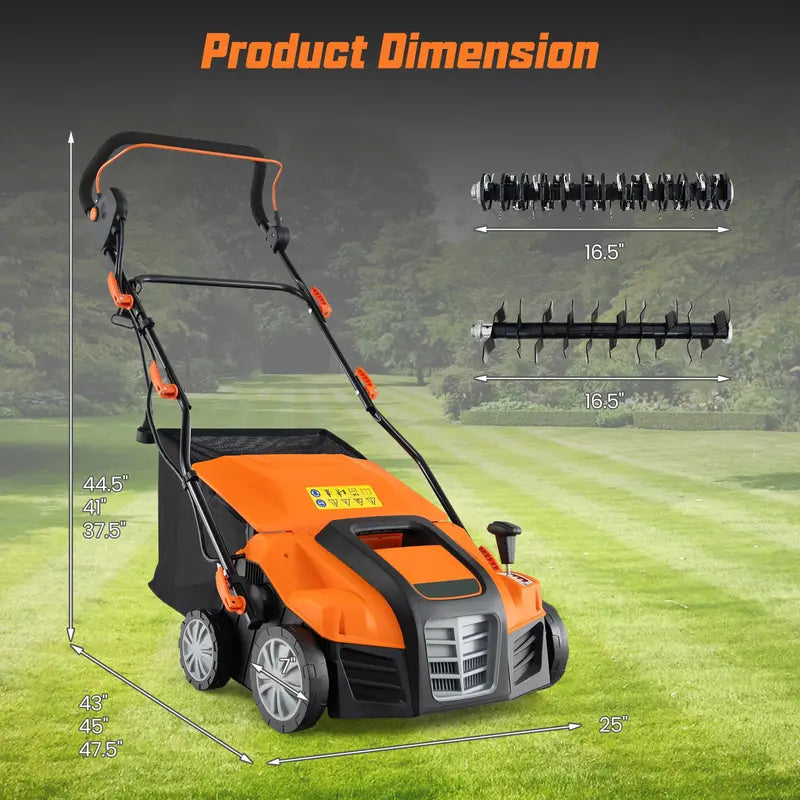 Dual-Function Electric Lawn Dethatcher & Scarifier  16″ Corded Unit with 14.5-Gal Catch Bag
