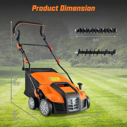 Dual-Function Electric Lawn Dethatcher & Scarifier  16″ Corded Unit with 14.5-Gal Catch Bag
