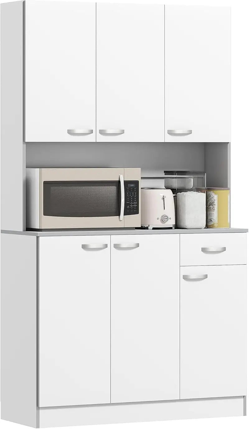 71-Inch Freestanding Grey Kitchen Buffet Cabinet Featuring Hutch Design, Microwave Storage, Coffee Bar Functionality, Adjustable Shelves, and Single Drawer