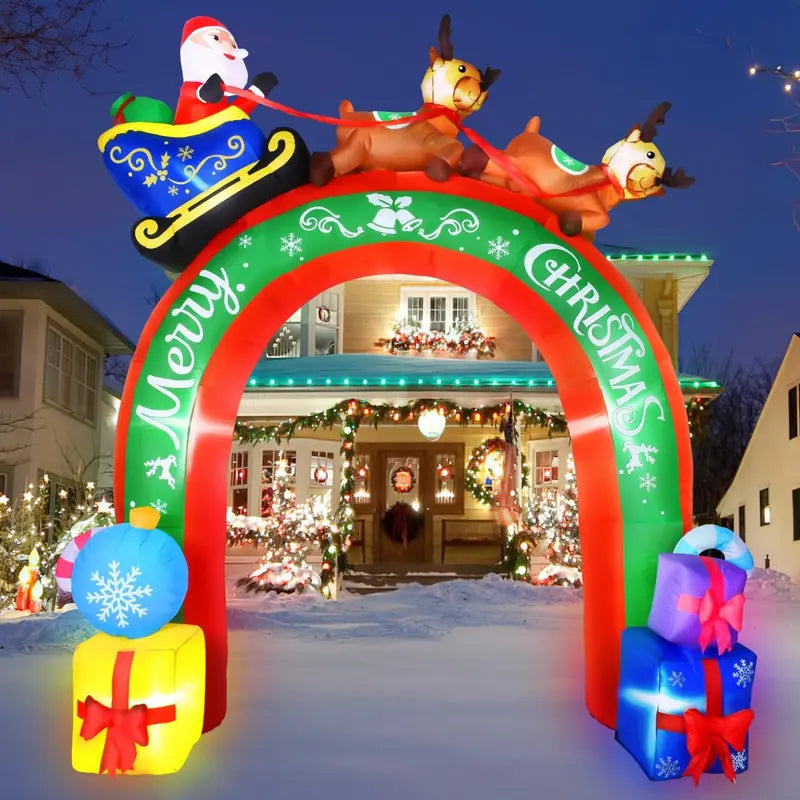 JETEHO 10 FT Christmas Inflatable Archway with Santa & Reindeers, LED Lights, Weatherproof Polyester, Outdoor Holiday Decoration