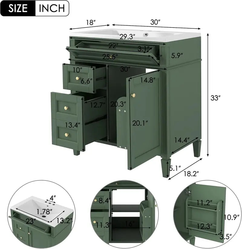 Modern 36-Inch Freestanding Bathroom Vanity  Single Undermount Sink, Soft-Close Drawers, Tip-Out Shelf, Solid Wood Frame