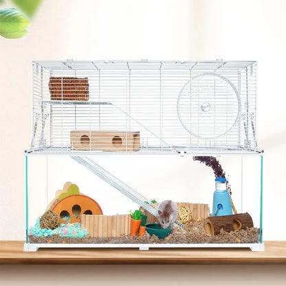 Large 3-Tier Hamster Habitat  Glass Base with Wire Topper, Ramps, Ladders & Waterproof Tray