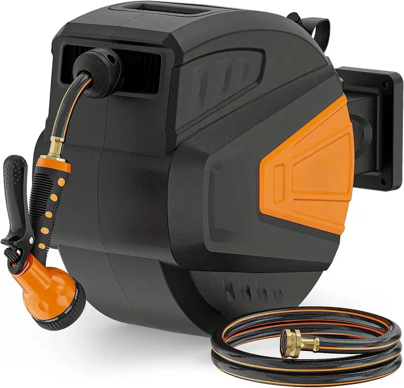 100-Foot Wall-Mounted Retractable Hose Reel with 9-Function Sprayer, Auto-Retract, and 180° Swivel Bracket  Gray