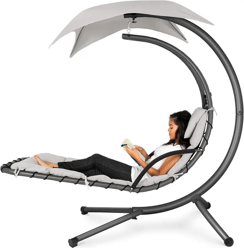 Best Choice Products Curved Hanging Steel Chaise Lounge Swing  Charcoal Gray with Pillow & Canopy
