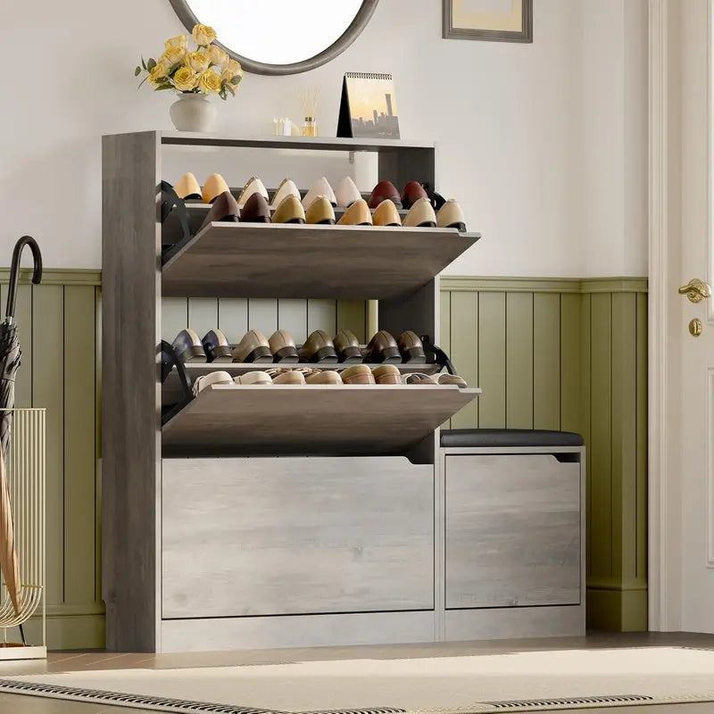 Discreet Freestanding Wood Shoe Cabinet with Three Concealed Flip Drawers