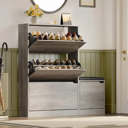 Discreet Freestanding Wood Shoe Cabinet with Three Concealed Flip Drawers